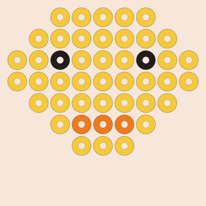 Duck kandi pattern: a 9 by 9 pony bead chart in 3 colours