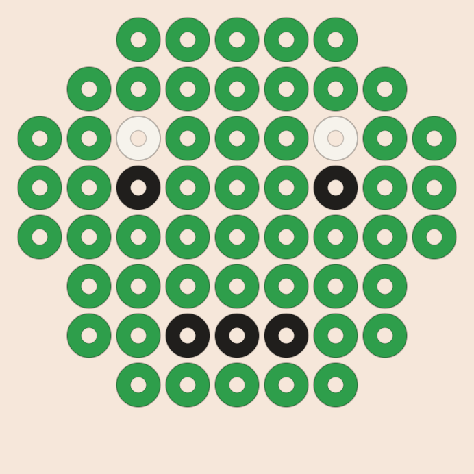 Frog kandi pattern: a 9 by 9 pony bead chart in 3 colours