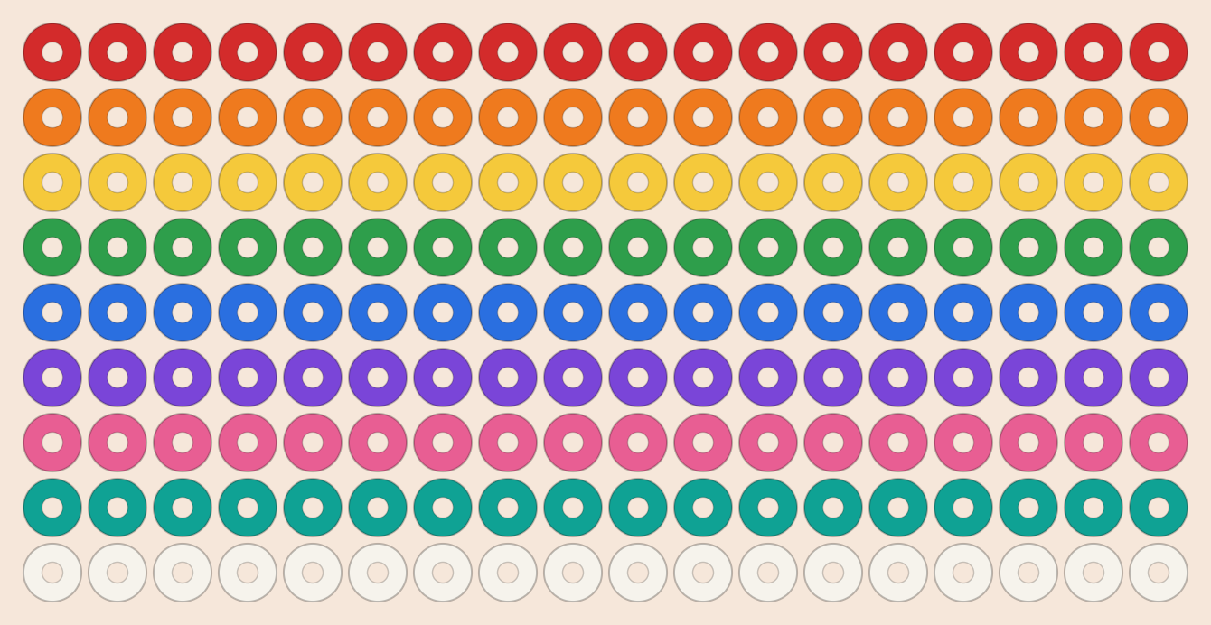 Rainbow bands kandi pattern: a 18 by 9 pony bead chart in 9 colours