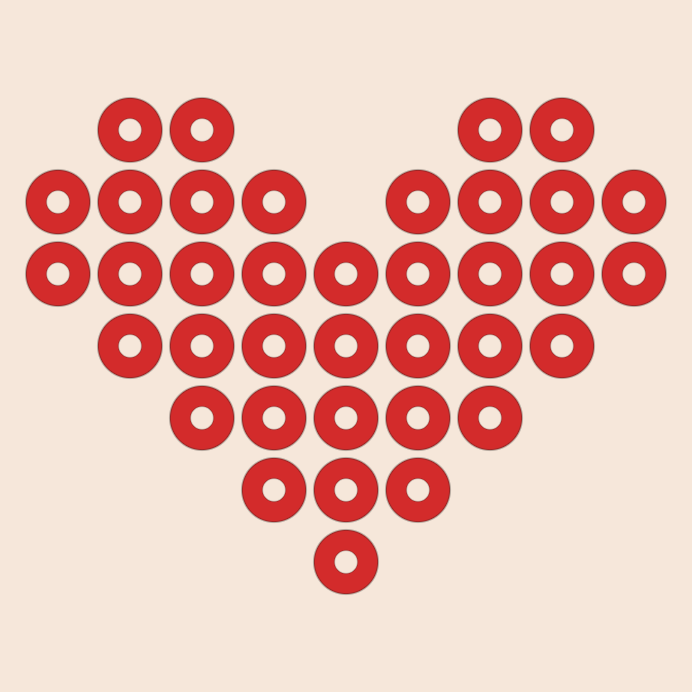 Classic heart kandi pattern: a 9 by 9 pony bead chart in 1 colour