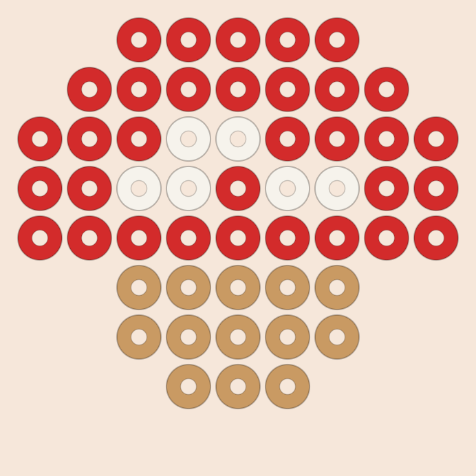 Mushroom kandi pattern: a 9 by 9 pony bead chart in 3 colours