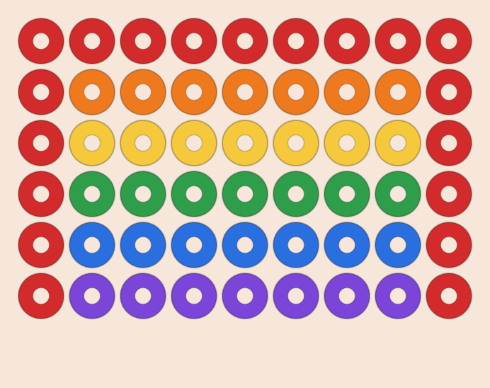 Rainbow kandi pattern: a 9 by 7 pony bead chart in 6 colours