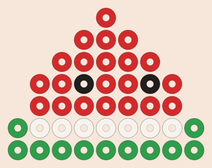Watermelon slice kandi pattern: a 9 by 7 pony bead chart in 4 colours